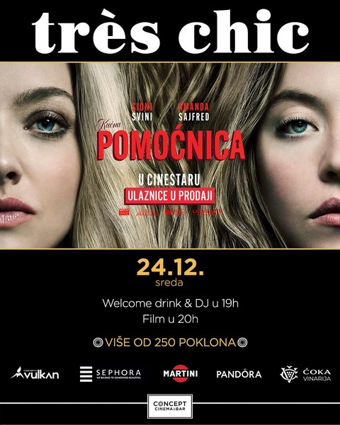 Novi koncept bioskopa ovim događajem podiže lestvicu u bioskopskim doživljajima. Veče počinje u baru novouređenog Concept Cinema & Bara od 19h uz DJ-a i piće dobrodošlice (Martini i Vinarija Čoka). Posetioce očekuje preko 250 poklona (Pandora, Vulkan, Sephora, Plazma, Martini). Film počinje u 20h, a piće iz bara, kao i hrana, može da se unese u dvoranu. Concept Cinema & Bar tako postaje bioskop koji ima jedinstvenu ponudu u Srbiji, a odgovara najpopularnijim svetskim trendovima u bioskopskom svetu. Uz vrhunska nova sedišta, osveženi enterijer, VIP seat service i ponudu iz bara, ovaj bioskop postaće omiljeno mesto izlaska. Film “Kućna pomoćnica”, u distribuciji Blitza, snimljen je prema svetskom bestseleru Fride Makfaden. Glumice Sejfrid i Svini u režiji Pola Figa donose napetu priču o kući punoj tajni i opasnosti koje vrebaju iza zatvorenih vrata. Mili (Sidni Svini) je mlada žena koja traži novi početak i pronalazi posao kao kućna pomoćnica imućnog para Nine (Amanda Sejfred) i Endrjua (Brendan Sklenar). Ali ono što u početku izgleda kao sigurno utočište ubrzo prerasta u klaustrofobičnu zamku. Mili otkriva da su porodične tajne mnogo opasnije i mračnije nego što je ikada mogla da zamisli. Roman "The Housemaid", objavljen 2022, postao je međunarodni fenomen, prodat u preko milion primeraka i više od godinu dana se zadržao na listi bestselera Njujork Tajmsa! “Très chic” je filmsko veče koje će promeniti bioskopski doživljaj jer se može gledati film sa stilom u premium salama, sa manjim brojem mesta, što omogućava i intimniju atmosferu. Nijedan bioskop u Srbiji nema ovakav kvalitet sedenja po čemu je Concept Cinema & Bar u Beogradu jedinstven. Sva sedišta, čak i ona regular u ovom bioskopu, imaju veći razmak između redova i izrađena su od kože, sa mogućnošću pomeranja naslona. VIP Premium sedišta su sva sa elektronski pokretnim naslonom za leđa i za noge i sa zakretnim stočićem i bežičnim punjačem. Ulaznice za ovaj događaj i filmsku projekciju treba nabaviti na vreme jer je kapacitet ograničen, a ulaznice su dostupne na blagajni bioskopa, putem CineStar mobilne aplikacije ili onlajn.