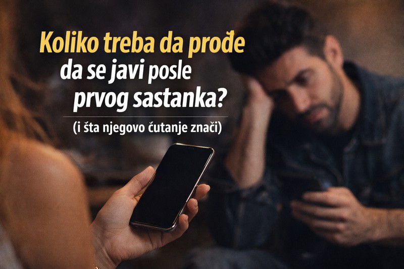 Žena gleda u telefon posle prvog sastanka i razmišlja da li će se muškarac javiti, simbol neizvesnosti i čekanja poruke.