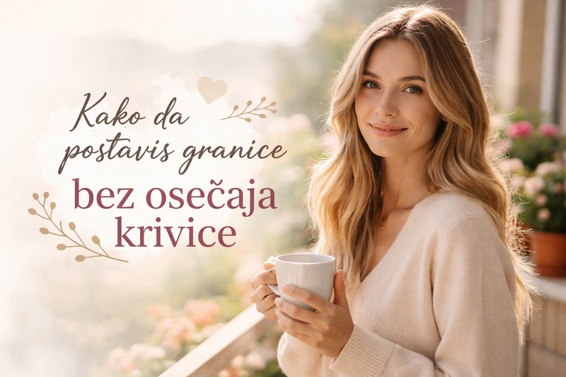 Žena drži šolju kafe i mirno se smeši na balkonu uz naslov Kako da postaviš granice bez osećaja krivice