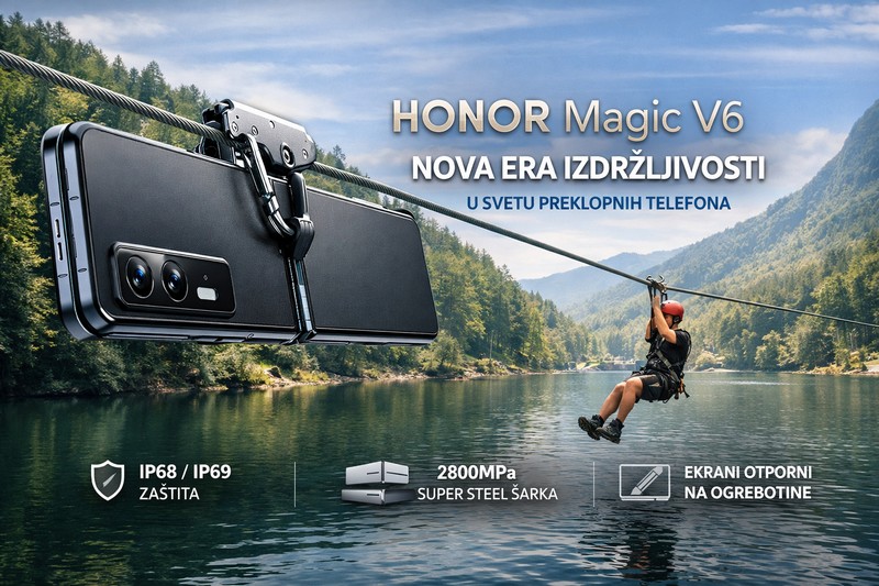 HONOR Magic V6 test izdržljivosti na zipline-u iznad jezera sa IP68 i IP69 zaštitom i Super Steel šarkom