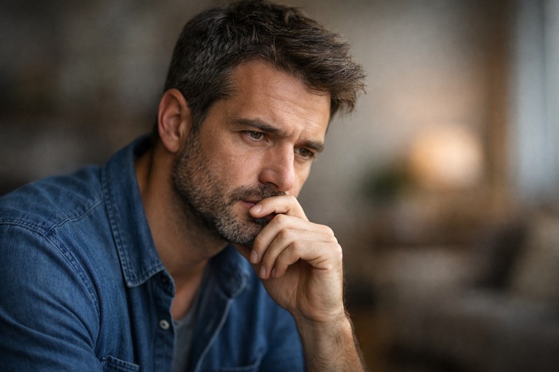 Muškarac zamišljenog pogleda koji razmišlja o emocijama i ljubavi – muška psihologija u vezi