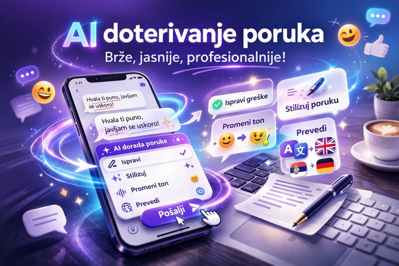 Ilustracija AI doterivanja poruka na pametnom telefonu sa opcijama za ispravku grešaka, promenu tona i prevod teksta u aplikaciji za dopisivanje.