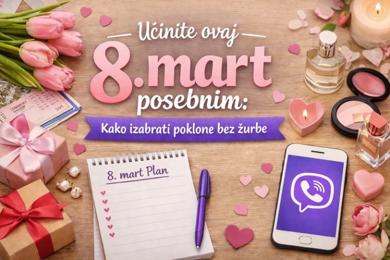 Ilustracija ideja za poklon za 8. mart sa cvećem, poklonima, kozmetikom i telefonom sa Viber Marketplace aplikacijom.