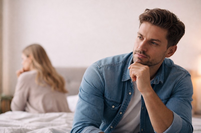Muškarac zamišljen nakon raskida dok žena sedi u pozadini – psihologija muškaraca posle raskida i nova veza