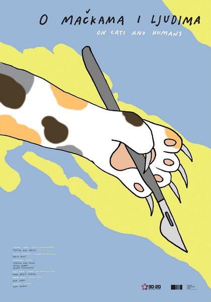 Ilustracija plakata za film „O mačkama i ljudima“ – stilizovana mačja šapa drži skalpel iznad apstraktne mape ostrva, u pastelnim bojama, simbolizujući odnos ljudi i životinja i temu sterilizacije.