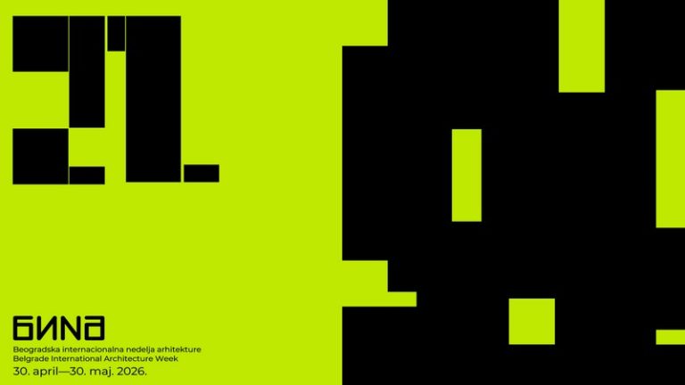 Poster za Beogradsku internacionalnu nedelju arhitekture BINA 2026 sa crno-zelenim geometrijskim dizajnom i tekstom „30. april – 30. maj 2026“.
