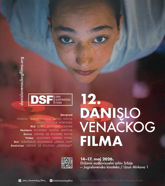 Poster za 12. Dane slovenačkog filma u Beogradu sa krupnim kadrom lica devojke, tekstom o događaju i informacijama: 14–17. maj 2026, Jugoslovenska kinoteka.