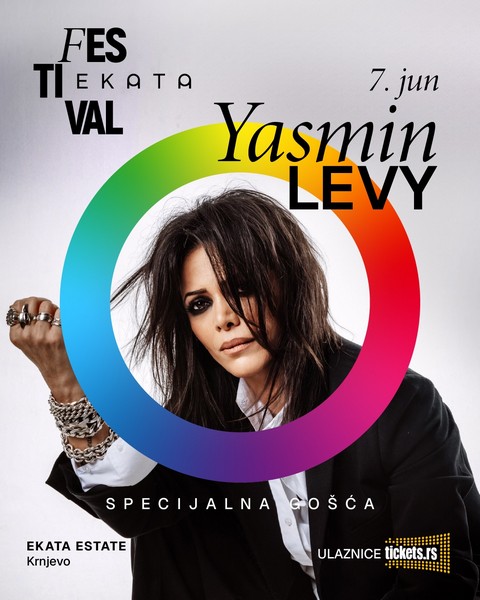 Poster za Ekata festival sa najavom koncerta Yasmin Levy 7. juna u Ekata Estate, sa informacijom o kupovini karata putem Tickets.rs.