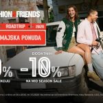 Fashion&Friends prvomajska ponuda 2026 – troje mladih sede i stoje pored automobila, uz tekst o popustu od 20% na novu kolekciju i dodatnih 10% na snižene artikle.