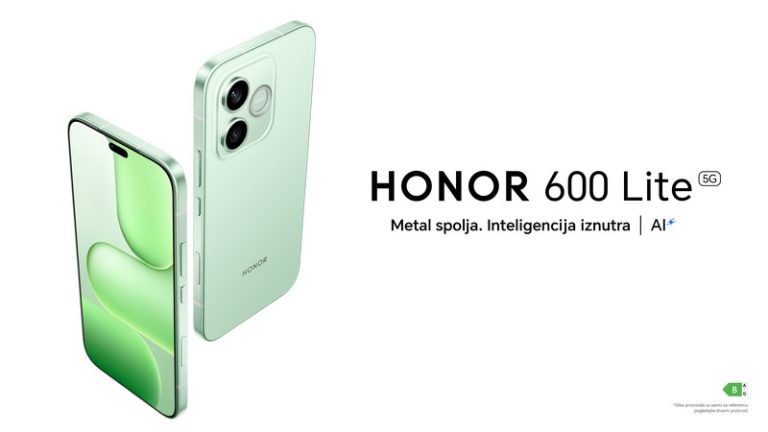HONOR 600 Lite 5G pametni telefon u zelenoj boji, prikazan sa prednje i zadnje strane, sa istaknutim dvostrukim kamerama i tankim metalnim dizajnom.