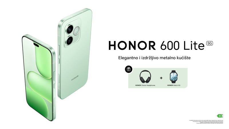 HONOR 600 Lite pametni telefon sa metalnim kućištem, zelena boja, 108MP kamera i poklon slušalice i sat