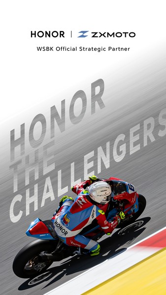 HONOR i ZXMOTO promotivni poster sa trkačem na sportskom motociklu u WSBK šampionatu, uz natpis „HONOR The Challengers“ i oznaku strateškog partnerstva.