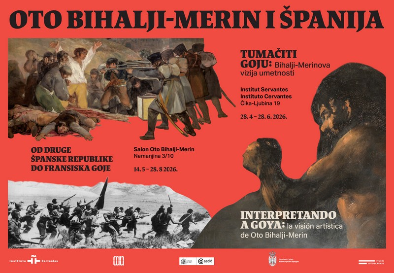 Plakat za izložbu „Oto Bihalji-Merin i Španija” u Beogradu sa vizuelima dela Fransiska Goje, informacijama o izložbama „Tumačiti Goju” u Institutu Servantes i „Od Druge španske republike do Fransiska Goje” u Salonu Oto Bihalji-Merin, sa datumima održavanja.