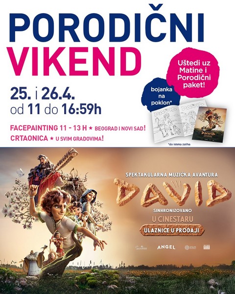 Porodični vikend u CineStar i Concept Cinema bioskopima 25. i 26. aprila uz animirani film David, sa facepaintingom, crtaonicom i poklonima za decu