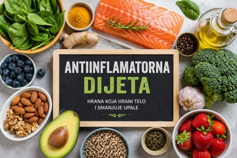 Raznovrsne zdrave namirnice poput lososa, brokolija, borovnica, orašastih plodova, maslinovog ulja i začina raspoređene oko table sa natpisom „antiinflamatorna dijeta“.
