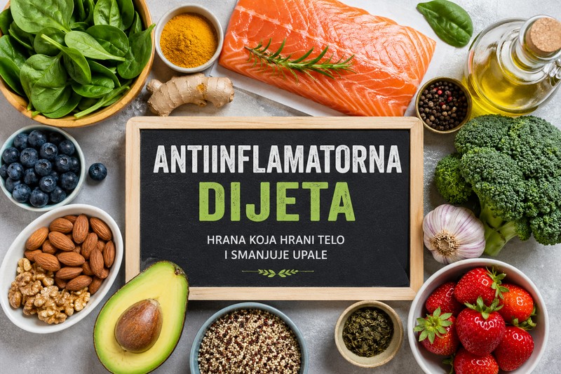 Raznovrsne zdrave namirnice poput lososa, brokolija, borovnica, orašastih plodova, maslinovog ulja i začina raspoređene oko table sa natpisom „antiinflamatorna dijeta“.