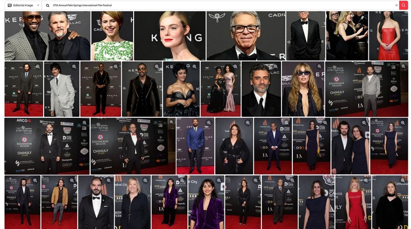 Kolaž fotografija sa crvenog tepiha na Palm Springs International Film Festivalu, na kojima su poznati glumci i gosti u elegantnim večernjim izdanjima, poziraju pred brendiranim zidom festivala.