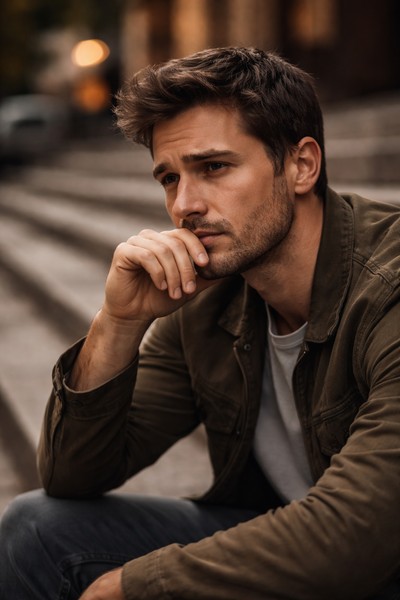 Zamišljen muškarac koji sedi i razmišlja o emocijama i ljubavi – prikaz muške psihologije i unutrašnjih osećanja