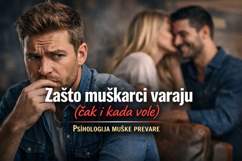 Zabrinut muškarac u prvom planu dok u pozadini par pokazuje bliskost – simbol psihologije muške prevare i emocionalne distance