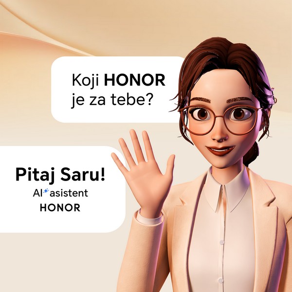 Ilustracija HONOR AI asistenta Sara koji pozdravlja korisnike uz poruku „Koji HONOR je za tebe? Pitaj Saru!“ u Gigatron prodavnici.