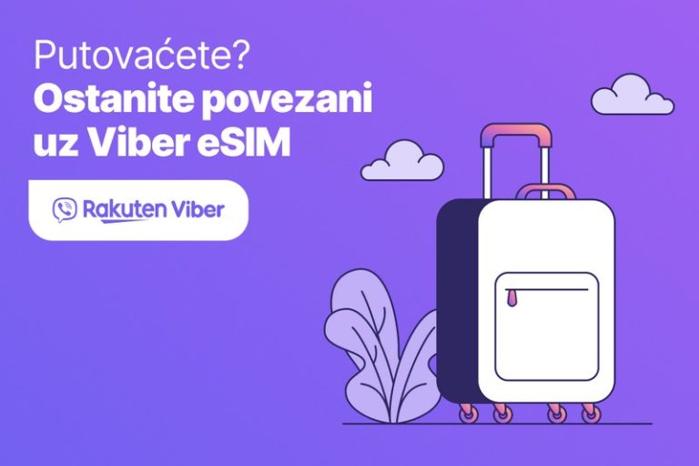 Ilustracija kofera za putovanje uz poruku „Ostanite povezani uz Viber eSIM“ na ljubičastoj pozadini, koja promoviše Rakuten Viber uslugu mobilnog interneta u inostranstvu.