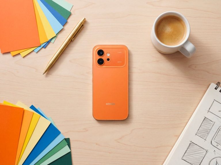 HONOR 600 pametni telefon u narandžastoj boji na drvenom stolu, okružen šarenim papirom, olovkom, sveskom i šoljom kafe – idealan za studentski rad i kreativnost
