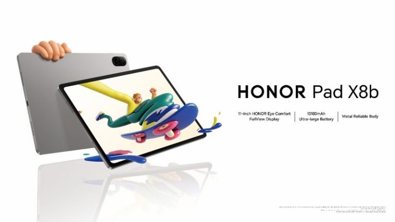 HONOR Pad X8b tablet sa 11-inčnim ekranom prikazan pod uglom, sa metalnim kućištem i prikazom zabavne grafike na ekranu, uz istaknute ključne specifikacije.