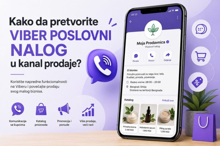 Ilustracija Viber poslovnog naloga na telefonu sa katalogom proizvoda i opcijama za komunikaciju, promociju i povećanje prodaje malog biznisa