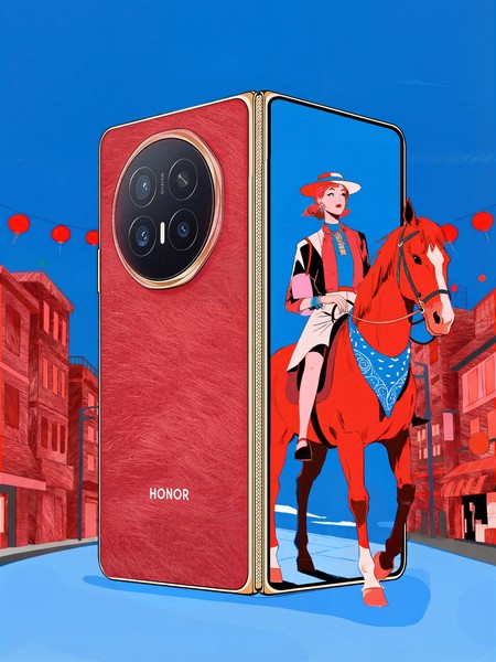 HONOR Magic V6 preklopni telefon u crvenoj boji sa velikim ekranom i AI funkcijama za produktivnost, prikazan uz ilustraciju jahačice na konju.