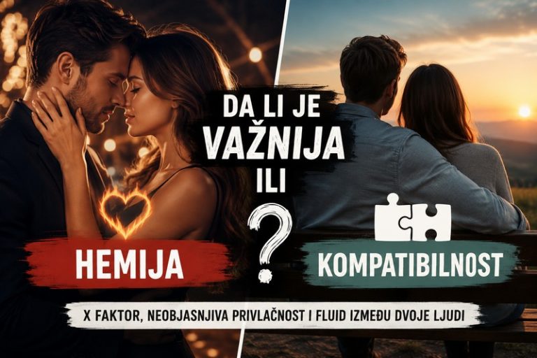 Par zagrljen s jakom hemijom nasuprot paru koji simbolizuje kompatibilnost i stabilnu vezu – ilustracija koja prikazuje razliku između hemije i kompatibilnosti u ljubavi.