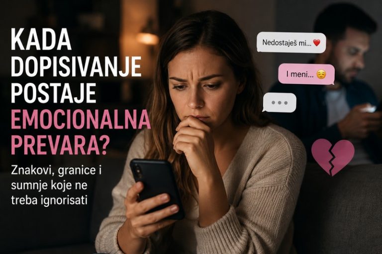 Žena zabrinuto gleda u telefon dok partner u pozadini koristi mobilni telefon – ilustracija emocionalne prevare kroz dopisivanje u vezi.