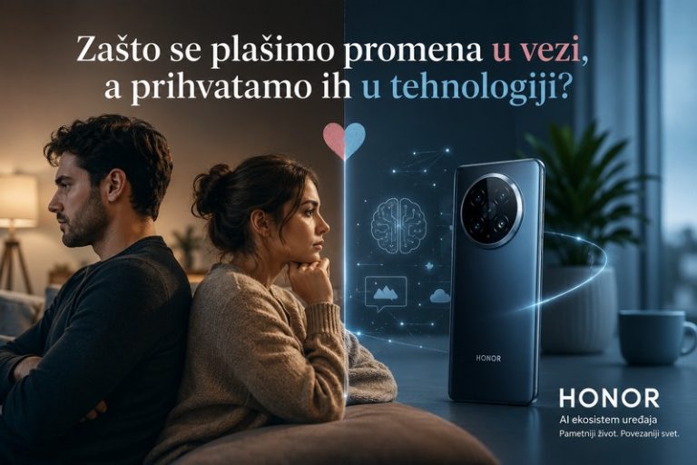 Muškarac i žena sede okrenuti leđima jedno drugom, simbolizujući izazove u partnerskoj komunikaciji, dok je pored njih prikazan HONOR pametni telefon kao simbol razvoja AI tehnologije i digitalne komunikacije