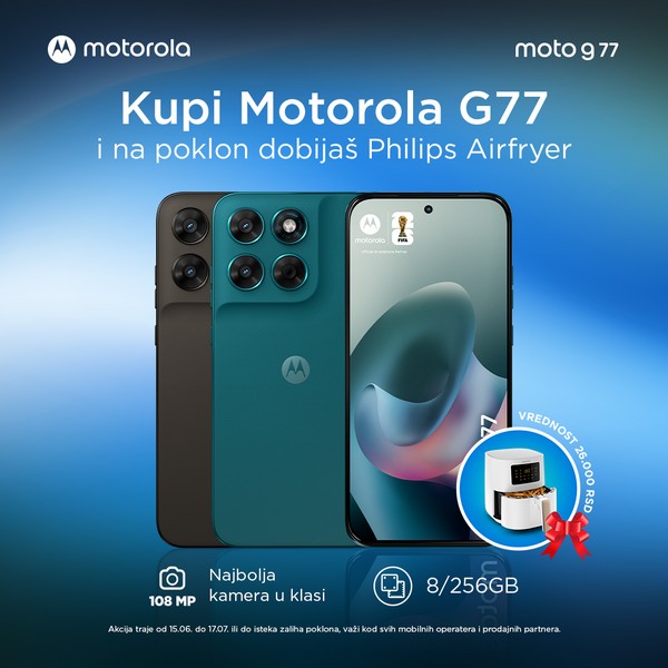 Motorola Moto G77 pametni telefon u crnoj i zelenoj boji sa kamerom od 108 MP i memorijom 8/256 GB, uz promotivnu ponudu Philips AirFryer na poklon vredan 26.000 dinara.
