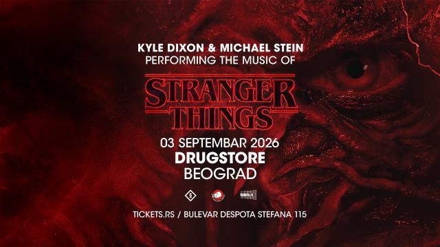 Poster za koncert "Kyle Dixon & Michael Stein Performing the Music of Stranger Things" u Drugstore Beogradu 3. septembra 2026.