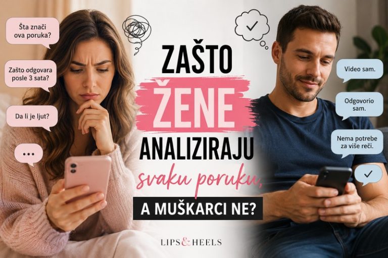 Žena zamišljeno analizira poruke na telefonu dok muškarac opušteno odgovara na poruke – ilustracija razlika u komunikaciji i psihologiji dopisivanja.