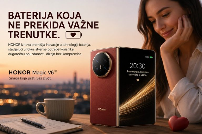 HONOR Magic V6 preklopni telefon sa dugotrajnom baterijom na stolu uz zalazak sunca, simbol pouzdanosti i neprekidne povezanosti u važnim životnim trenucima.