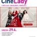 Poster za događaj CineLady – pretpremijera filma „Đavo nosi Pradu 2“ u Novom Sadu, Zrenjaninu i Pančevu 29. aprila; prikazane glavne glumice i glumci na stepeništu, uz najavu pića dobrodošlice, poklona i ScreenX projekcije.