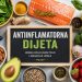 Raznovrsne zdrave namirnice poput lososa, brokolija, borovnica, orašastih plodova, maslinovog ulja i začina raspoređene oko table sa natpisom „antiinflamatorna dijeta“.